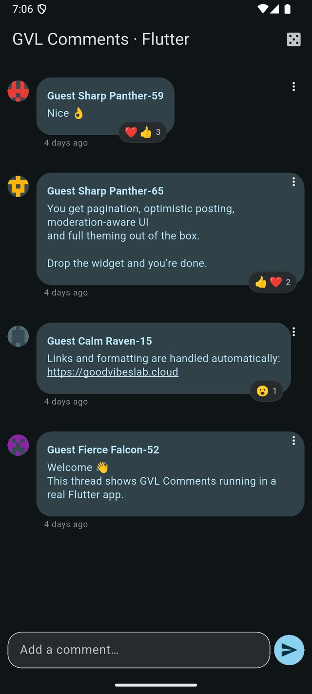 The GVL Comments widget running in a real Flutter app — threaded comments, reactions and dark mode